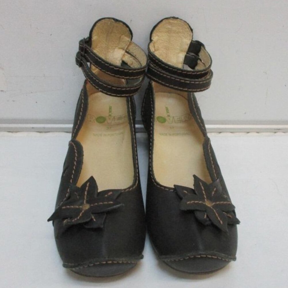 Rovers Black Leather Double Strap Court Shoes W/Chinese Dumpling Heels Ladies 37